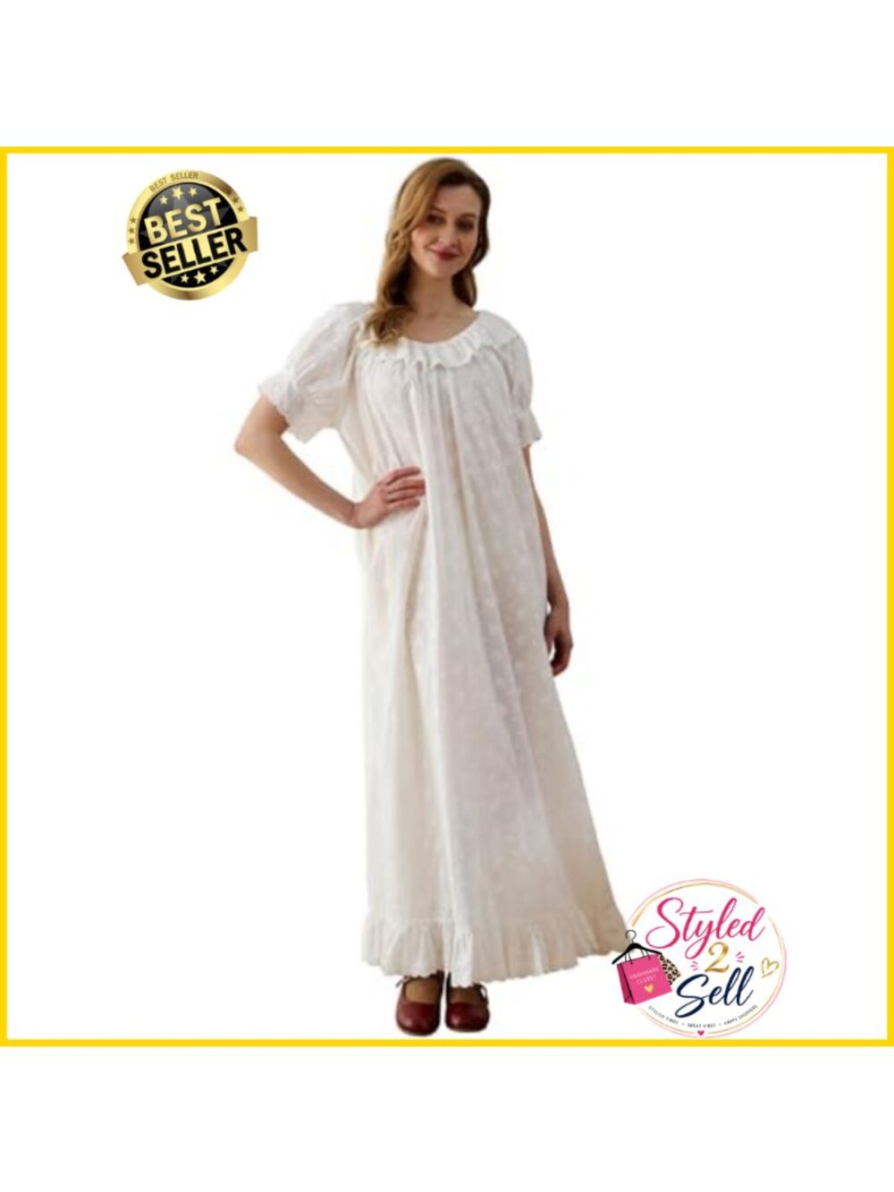 100% Cotton Victorian Nightgown Ruffled Lace Embroidered Sleep Dress